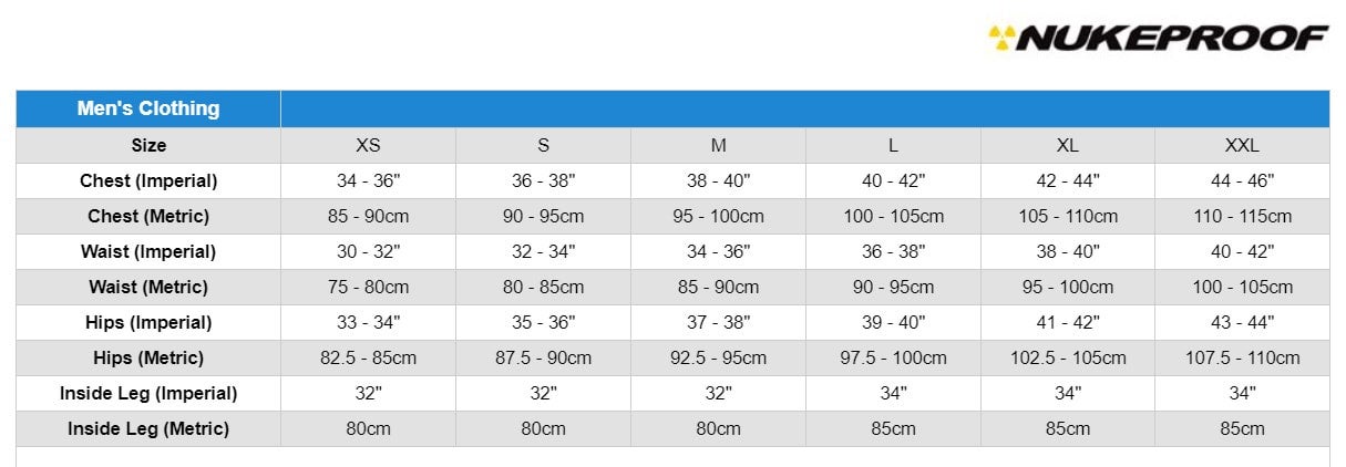 Nukeproof clothing size guide outlet
